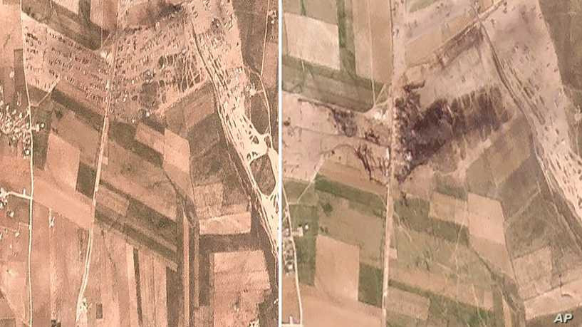 صورة أقمار صناعية تظهر مكان الاستهداف الروسي لبلدة ترحين شرق حلب (AP)