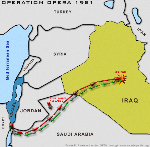 مخطط سير الطائرة التي قصفت المفاعل النووي العراقي عام 1981
