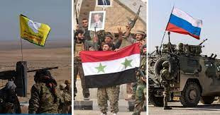 صورة تعبيرية عن تحالف قسد والنظام وروسيا